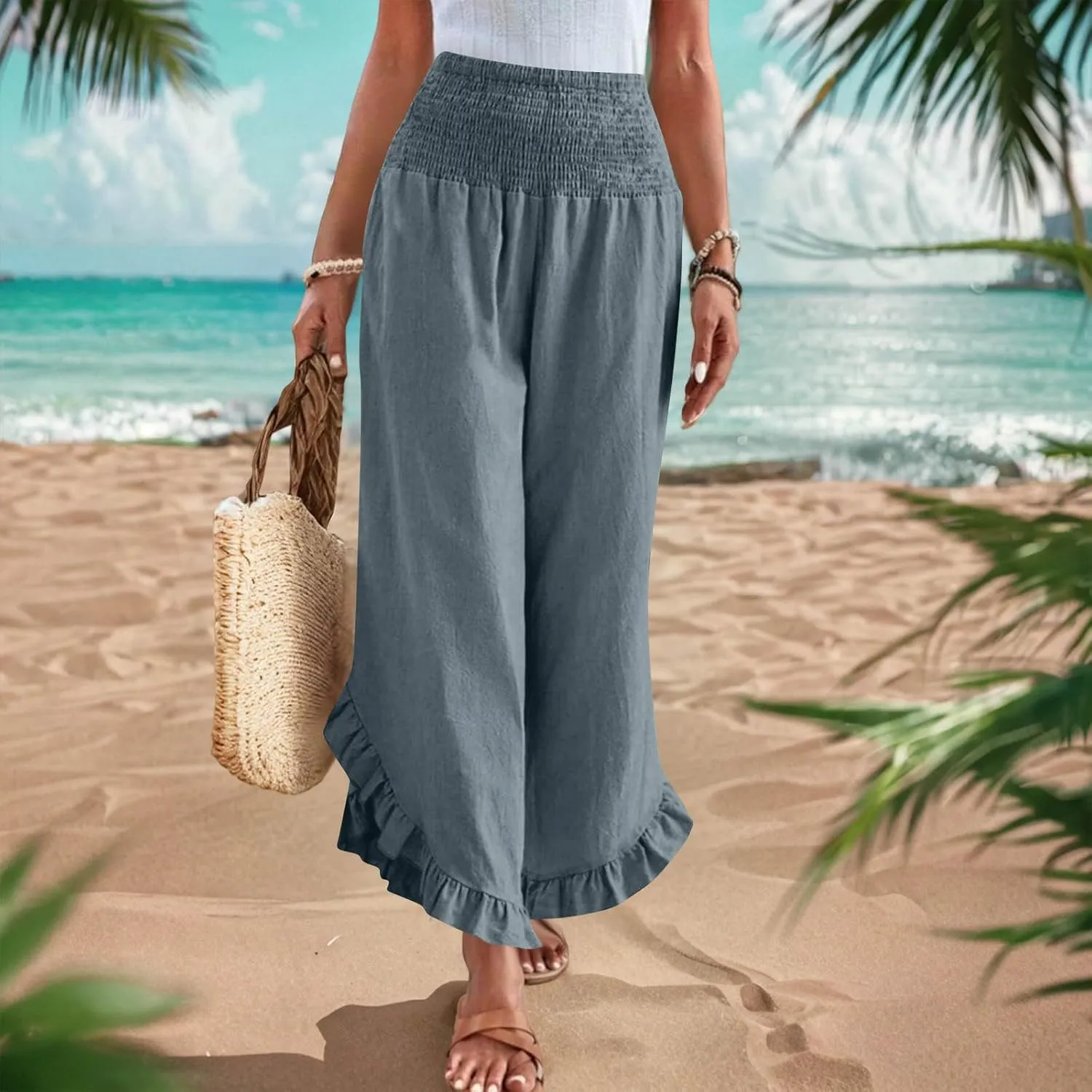 Wide Leg Pants Woman,High Waisted Flowy Pants for Women Ruffle Hem Cropped Elastic Waist Beach Office Boho Trousers