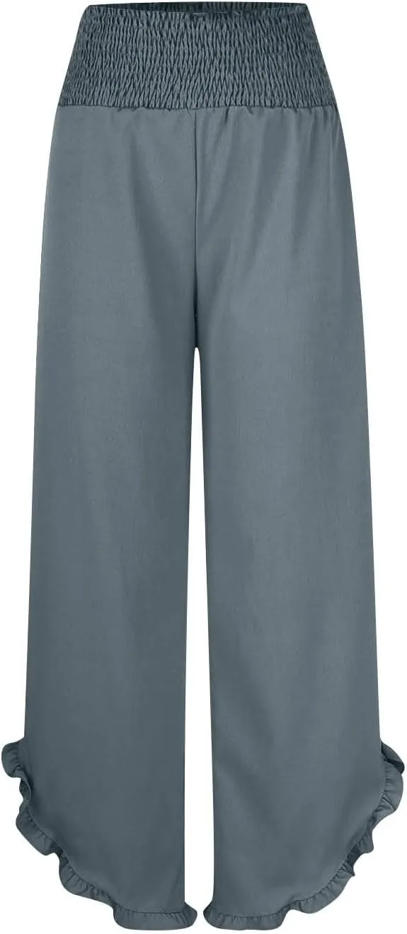 Wide Leg Pants Woman,High Waisted Flowy Pants for Women Ruffle Hem Cropped Elastic Waist Beach Office Boho Trousers