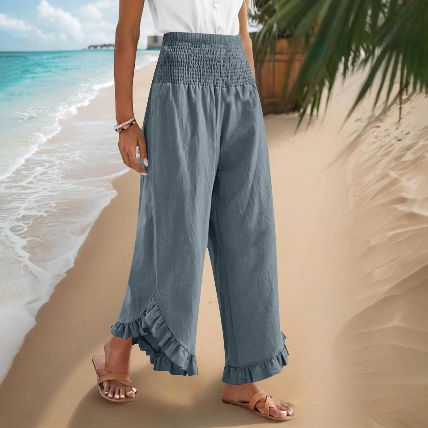 Wide Leg Pants Woman,High Waisted Flowy Pants for Women Ruffle Hem Cropped Elastic Waist Beach Office Boho Trousers