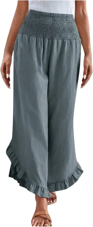 Wide Leg Pants Woman,High Waisted Flowy Pants for Women Ruffle Hem Cropped Elastic Waist Beach Office Boho Trousers