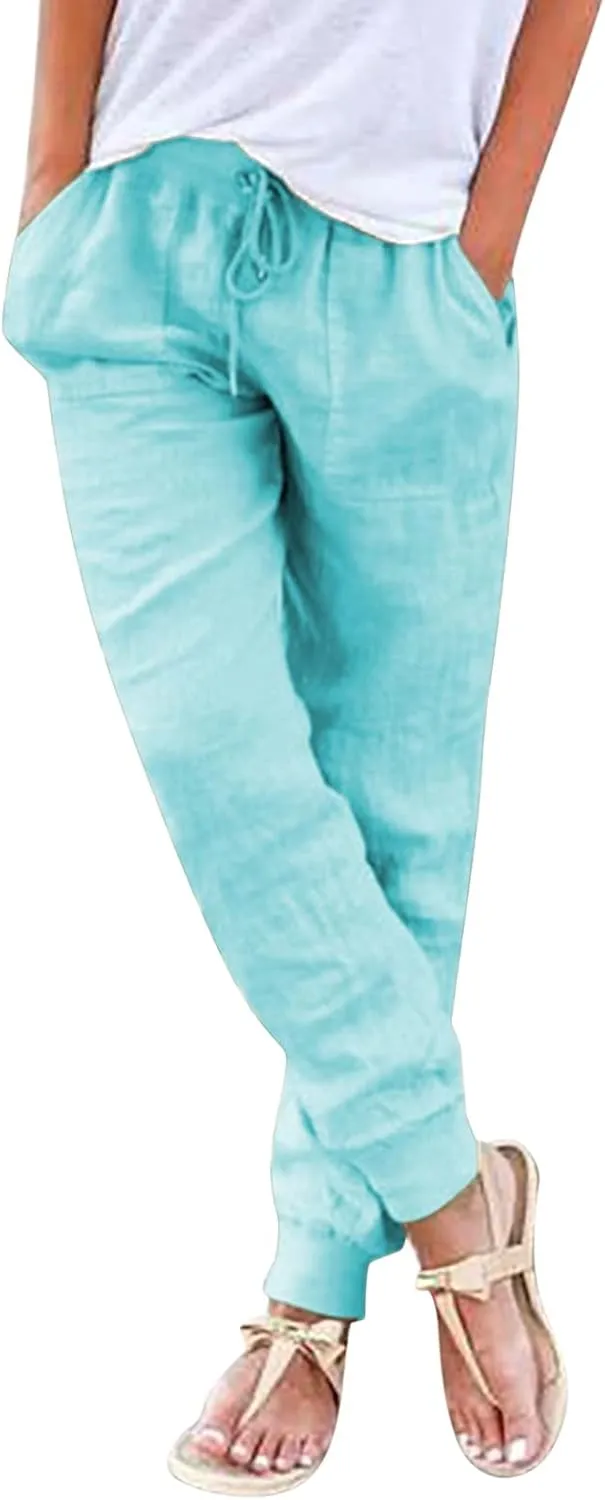 Wide Leg Trousers Women Tall Elastic Summer Linen 2024 Straight Leg Pants Drawstring Comfy Trousers with Pockets