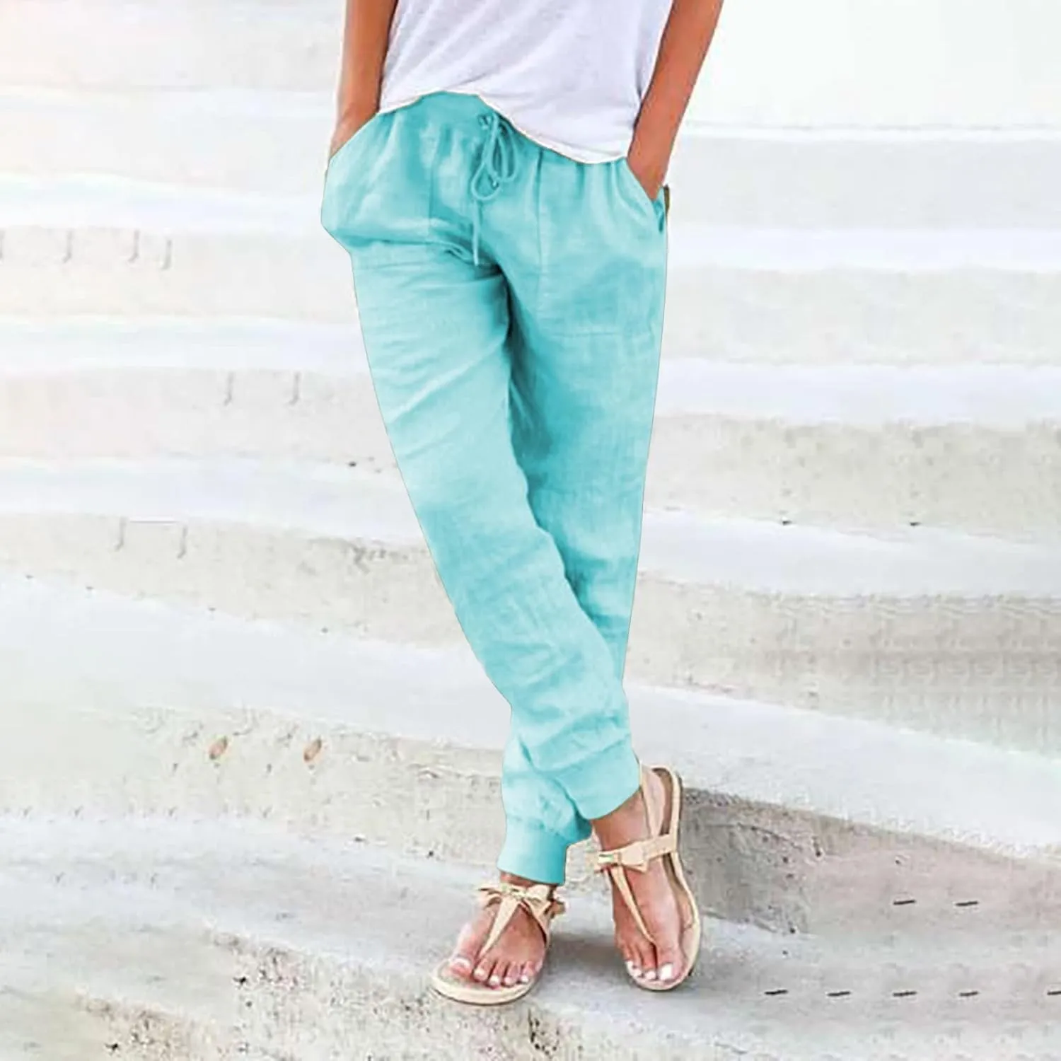 Wide Leg Trousers Women Tall Elastic Summer Linen 2024 Straight Leg Pants Drawstring Comfy Trousers with Pockets