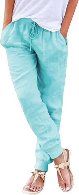 Wide Leg Trousers Women Tall Elastic Summer Linen 2024 Straight Leg Pants Drawstring Comfy Trousers with Pockets