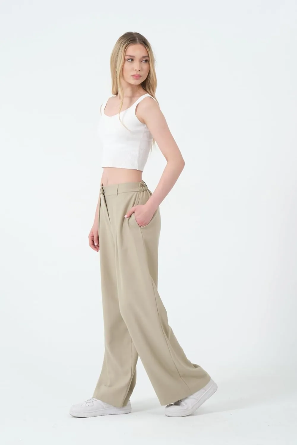 Wide Leg Work Pants Womens Elastic High Waisted Casual Office Dress Pants Trousers with Pocket Regular and Plus Size Slacks