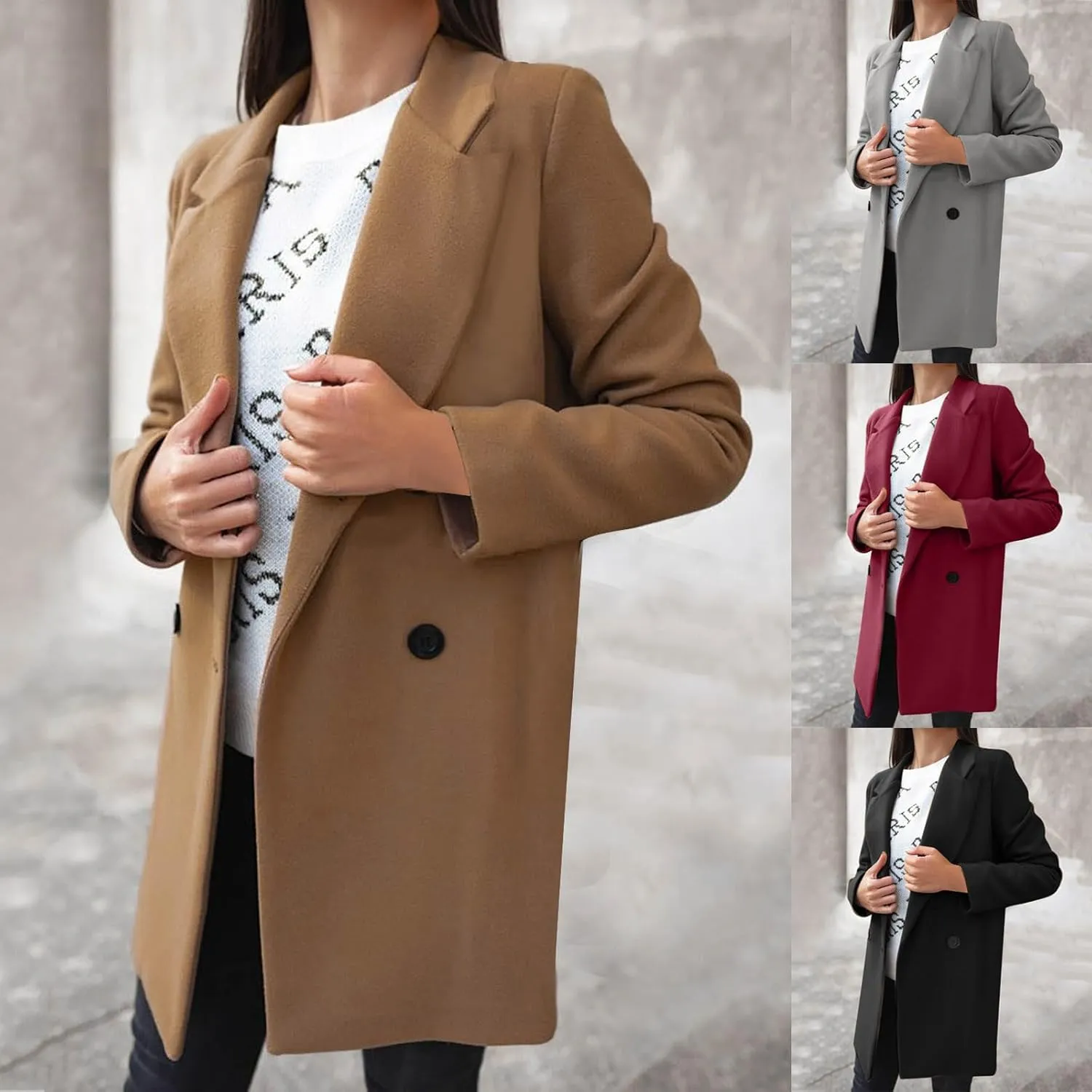 Winter Coats for Women 2024 Fall Wool Trench Coats Double Breasted Notch Lapel Casual Pea Coat Overcoats