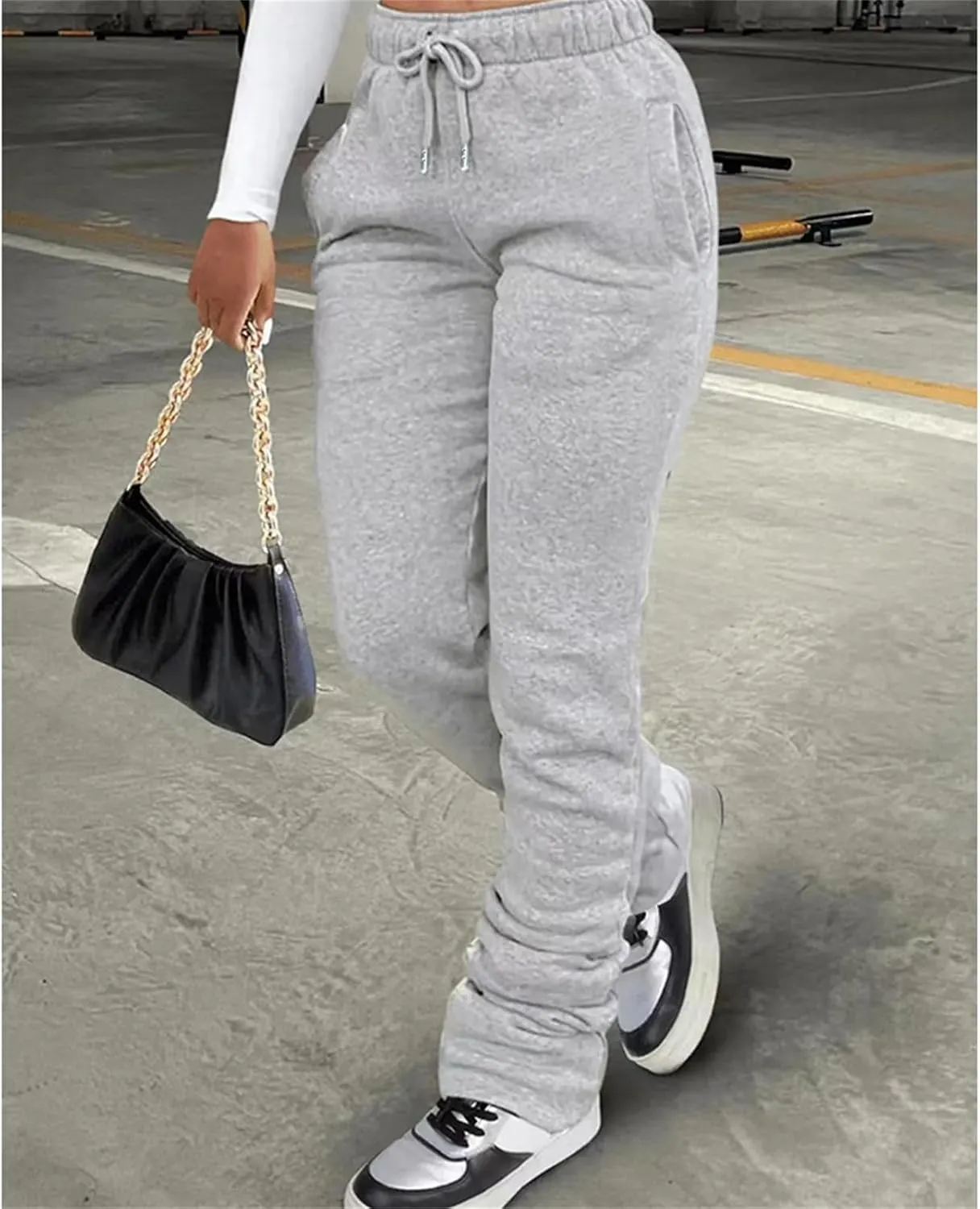 Winter High Waisted Sweatpants for Women Casual Baggy Drawstring Jogger Sweat Pants Workout Pile Pants with Pockets