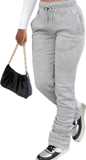 Winter High Waisted Sweatpants for Women Casual Baggy Drawstring Jogger Sweat Pants Workout Pile Pants with Pockets