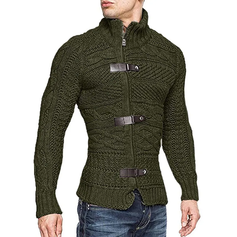 winter Mens  Cable Knit Cardigan Leather buckle Pullover Neck Collar Down