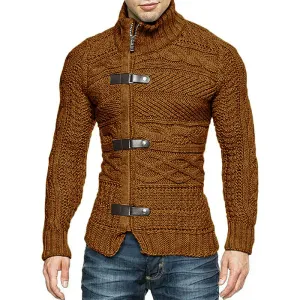 winter Mens  Cable Knit Cardigan Leather buckle Pullover Neck Collar Down