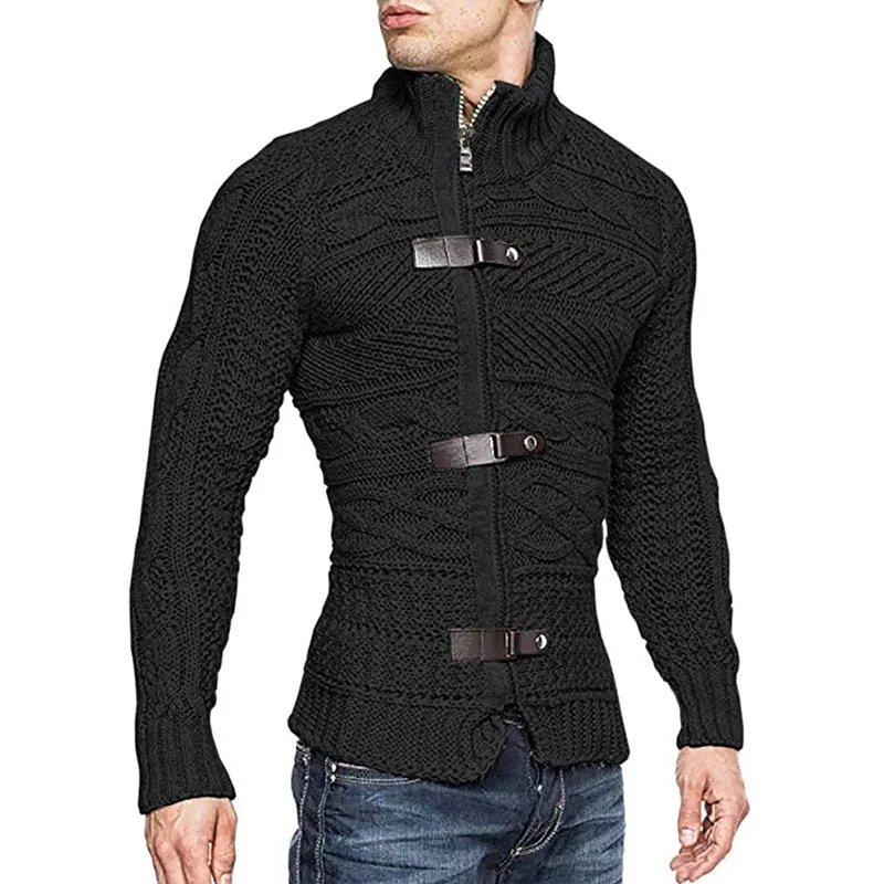 winter Mens  Cable Knit Cardigan Leather buckle Pullover Neck Collar Down