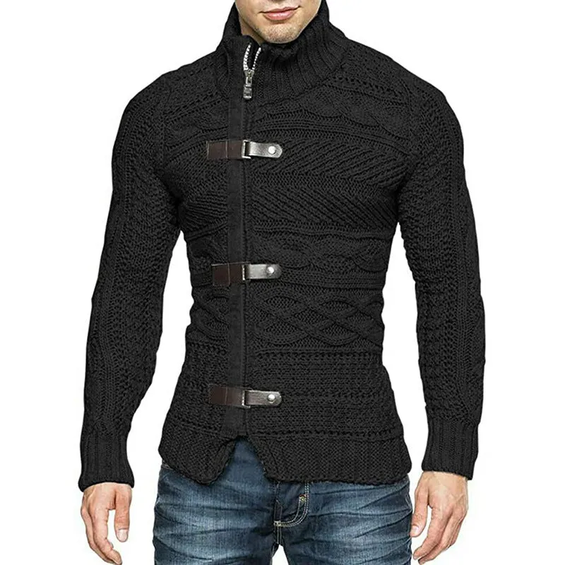 winter Mens  Cable Knit Cardigan Leather buckle Pullover Neck Collar Down