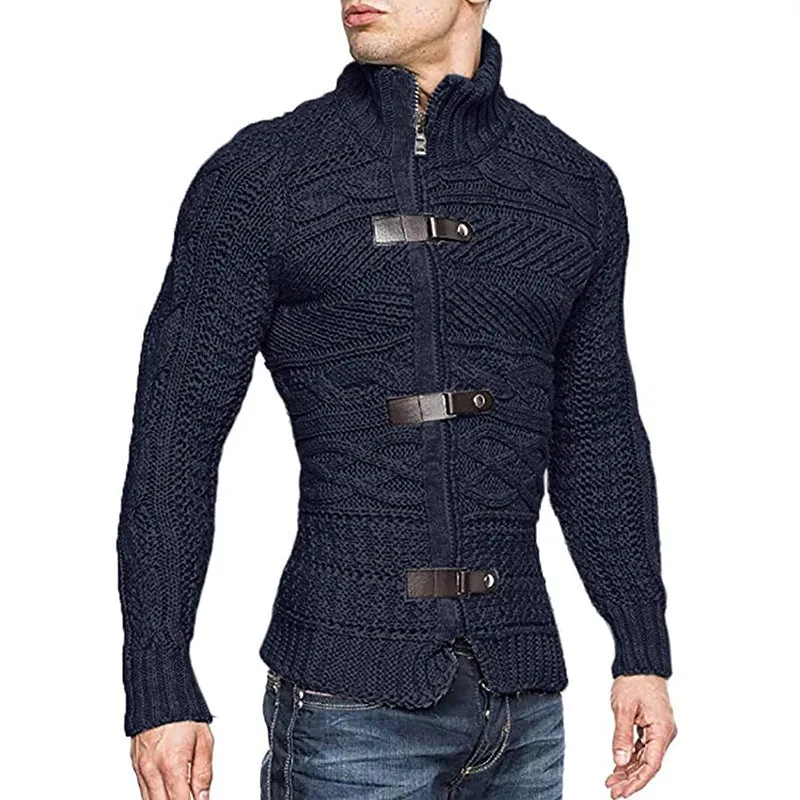 winter Mens  Cable Knit Cardigan Leather buckle Pullover Neck Collar Down