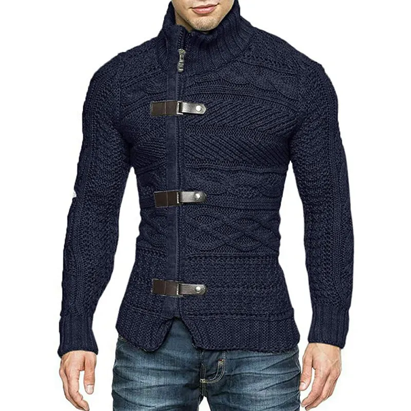 winter Mens  Cable Knit Cardigan Leather buckle Pullover Neck Collar Down