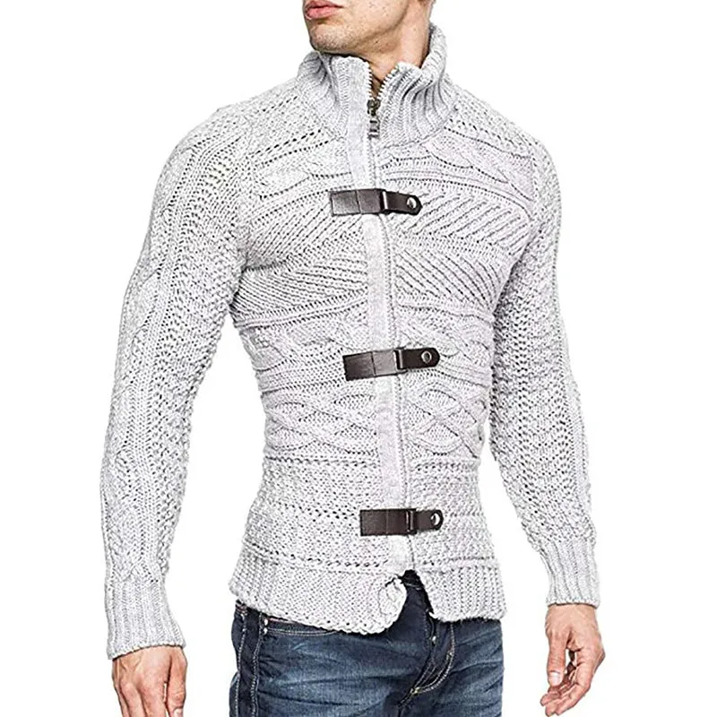 winter Mens  Cable Knit Cardigan Leather buckle Pullover Neck Collar Down
