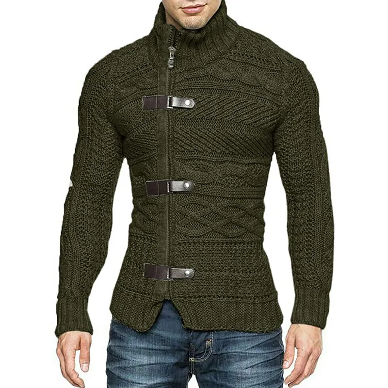 winter Mens  Cable Knit Cardigan Leather buckle Pullover Neck Collar Down