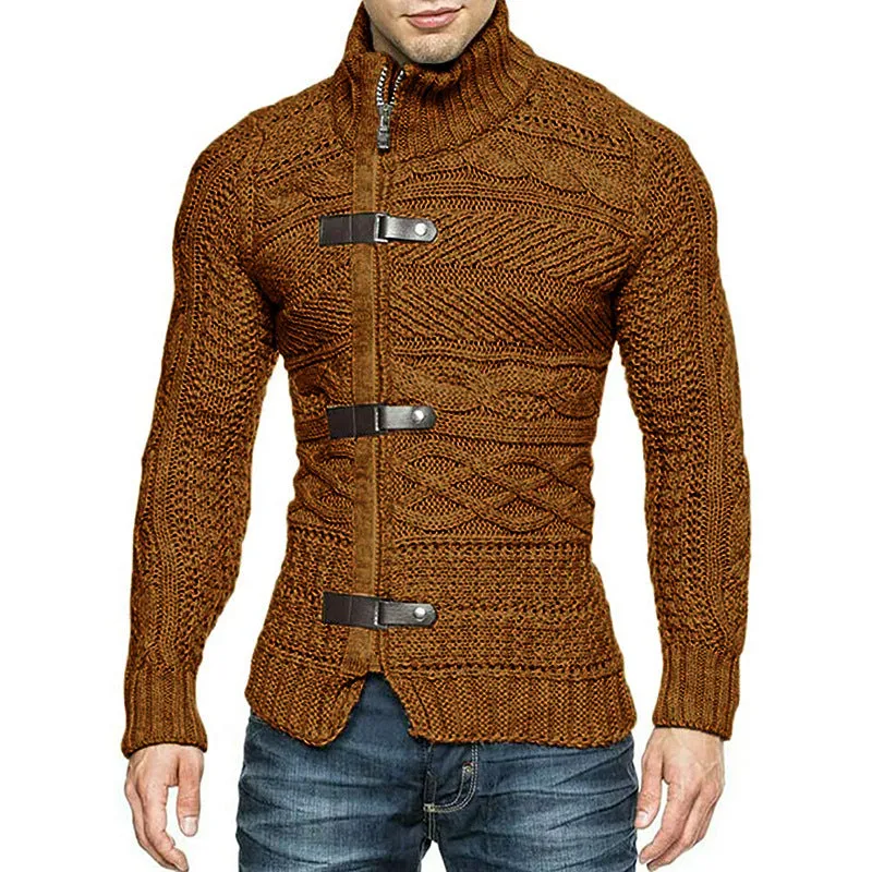 winter Mens  Cable Knit Cardigan Leather buckle Pullover Neck Collar Down