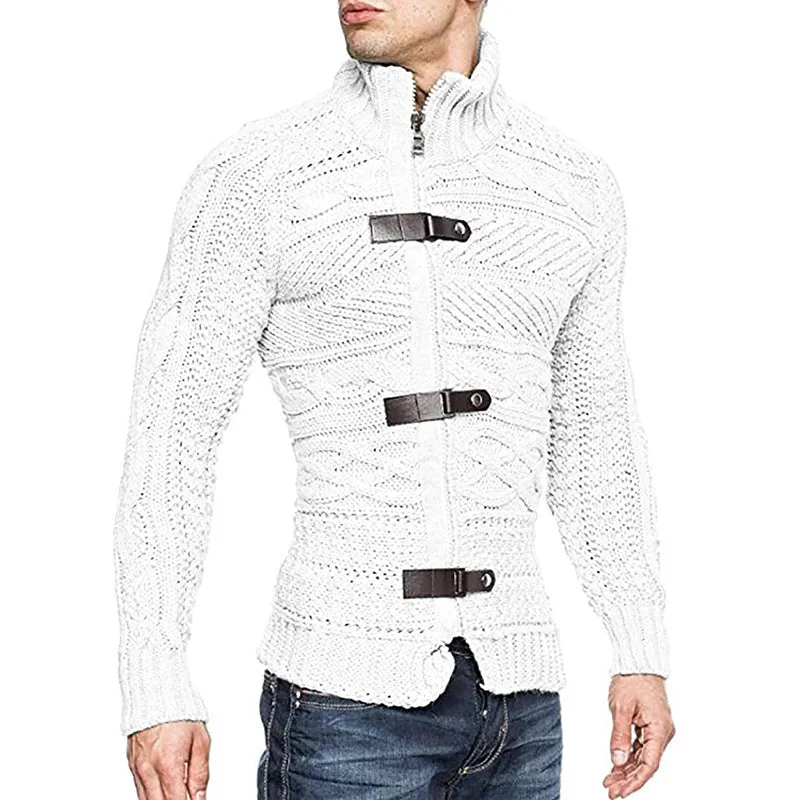 winter Mens  Cable Knit Cardigan Leather buckle Pullover Neck Collar Down
