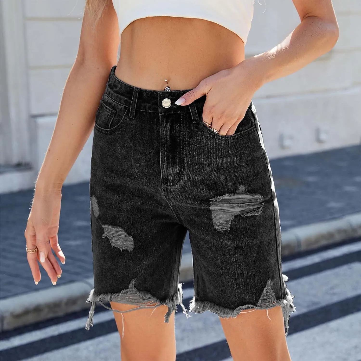 Women Distressed Ripped Jeans Shorts High Waisted Denim Y2K Hip-Hop Summer Frayed Raw Hem Bermuda Short Pants Streetwear
