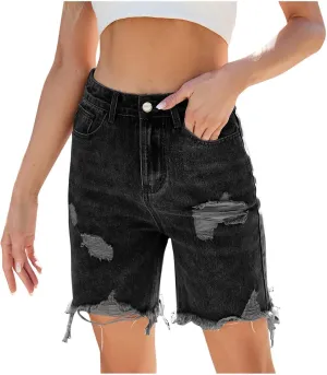 Women Distressed Ripped Jeans Shorts High Waisted Denim Y2K Hip-Hop Summer Frayed Raw Hem Bermuda Short Pants Streetwear