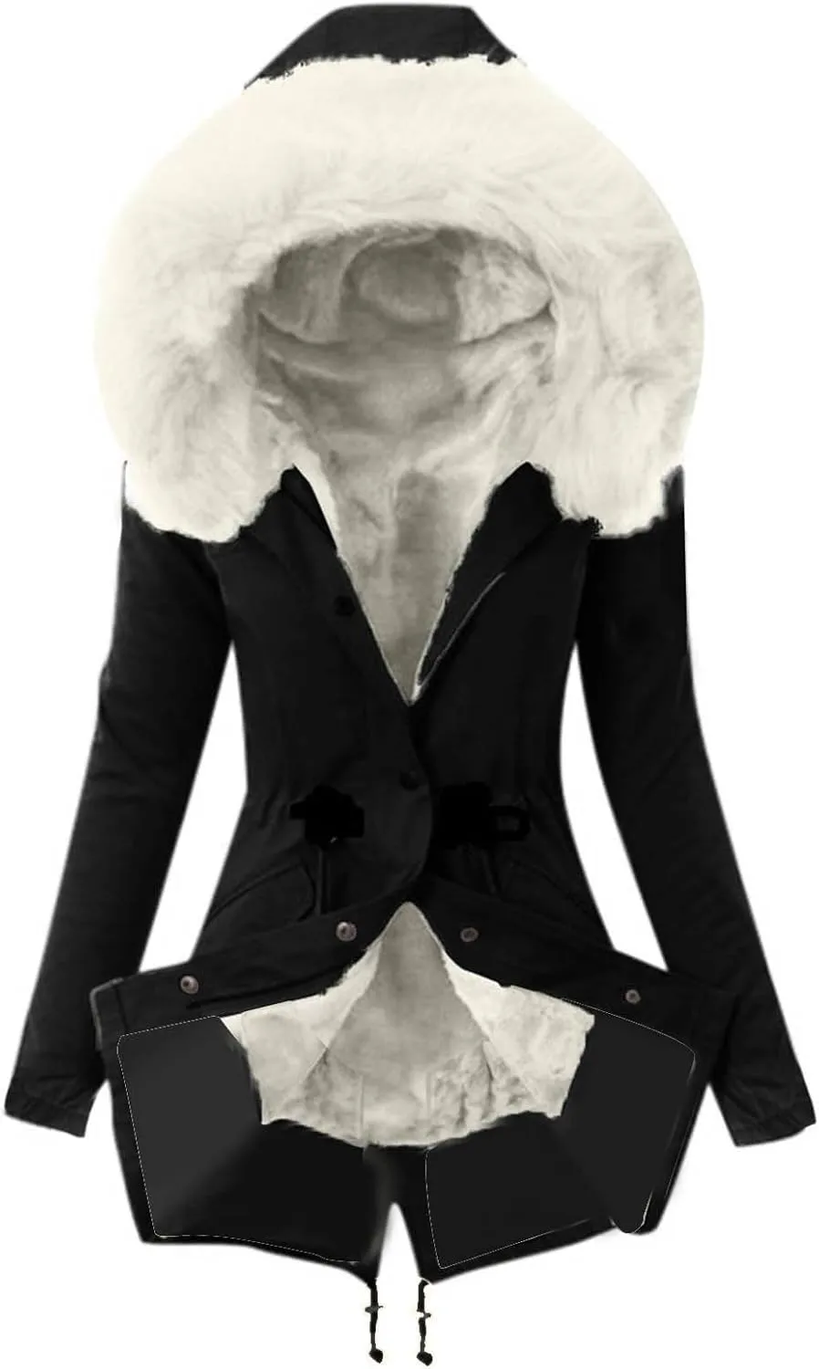 Women Faux Leather Trench Coat Fleece-Lined Mid-Length Jacket Winter Outwear Thicken Jackets with Hood