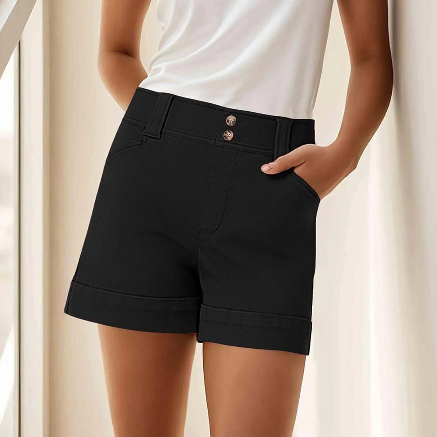 Women High Waisted Jean Shorts Stretchy Twill Denim Short for Women Folded Hem Chino Shorts Summer Jorts Plus Size