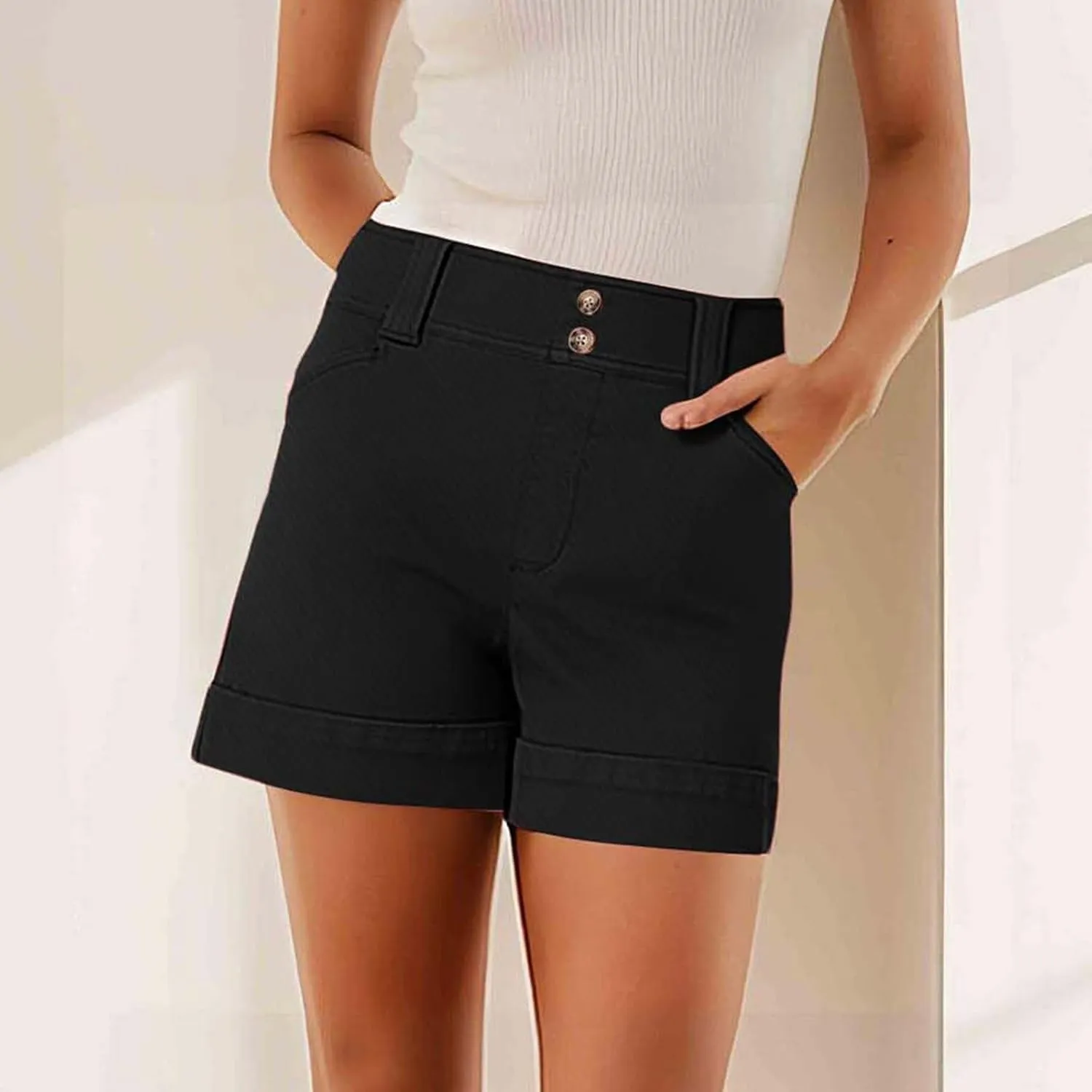 Women High Waisted Jean Shorts Stretchy Twill Denim Short for Women Folded Hem Chino Shorts Summer Jorts Plus Size