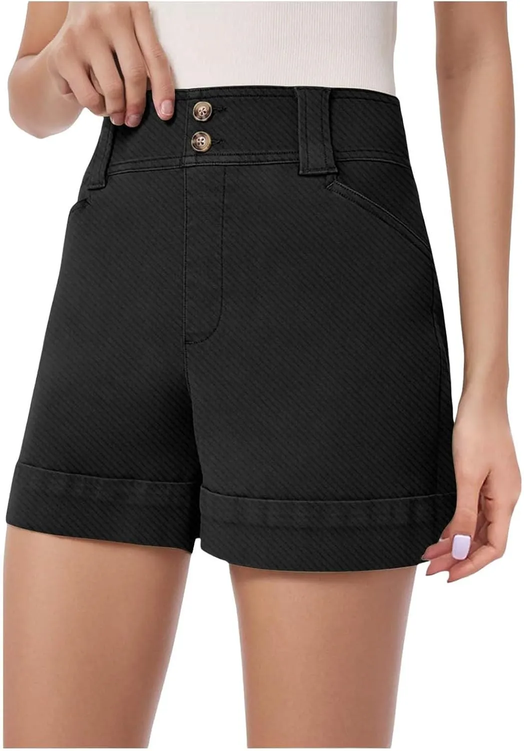 Women High Waisted Jean Shorts Stretchy Twill Denim Short for Women Folded Hem Chino Shorts Summer Jorts Plus Size