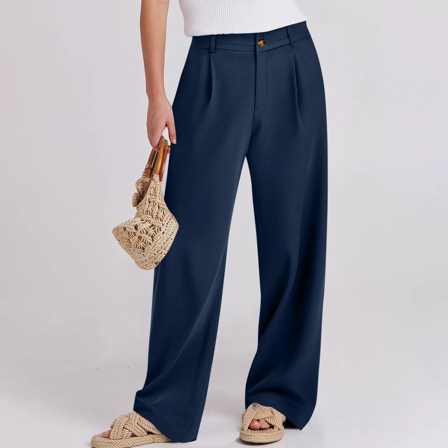 Women Linen Pants Wide Leg Dress Pants Summer High Waisted Palazzo Pant Loose Office Business Slacks with Pockets