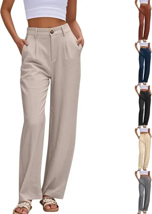 Women Linen Pants Wide Leg Dress Pants Summer High Waisted Palazzo Pant Loose Office Business Slacks with Pockets