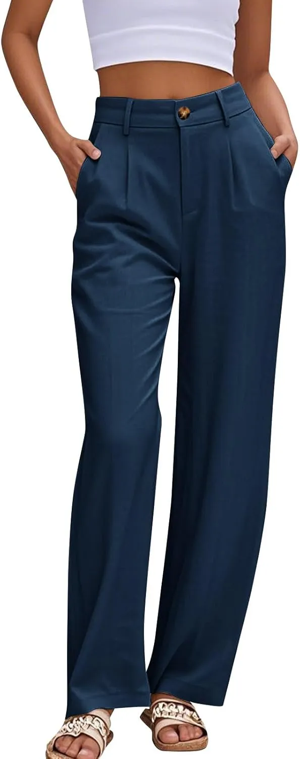 Women Linen Pants Wide Leg Dress Pants Summer High Waisted Palazzo Pant Loose Office Business Slacks with Pockets