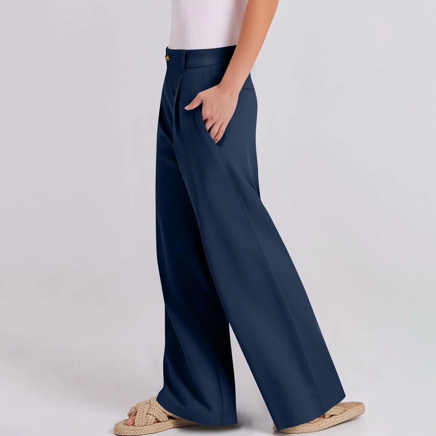 Women Linen Pants Wide Leg Dress Pants Summer High Waisted Palazzo Pant Loose Office Business Slacks with Pockets