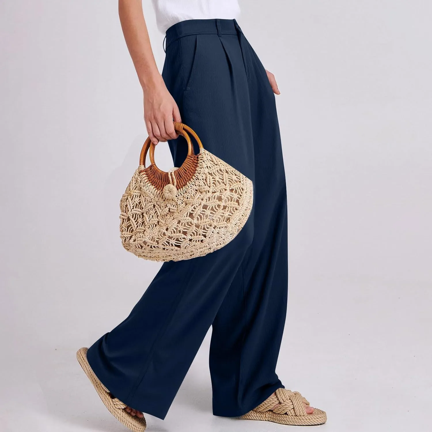 Women Linen Pants Wide Leg Dress Pants Summer High Waisted Palazzo Pant Loose Office Business Slacks with Pockets