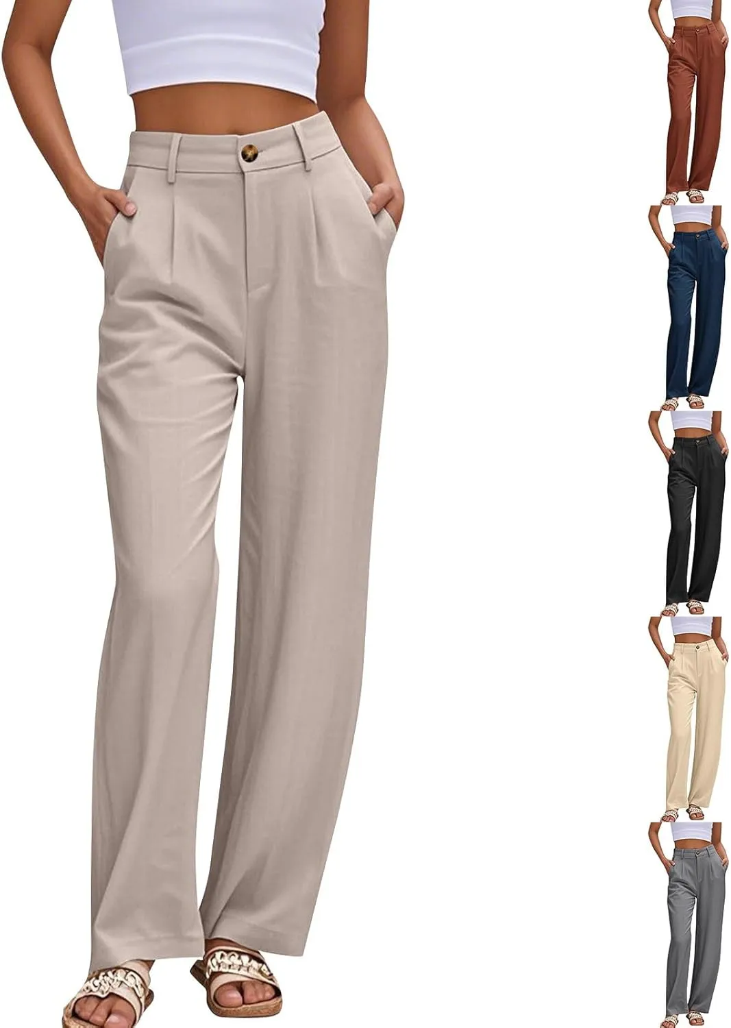 Women Linen Pants Wide Leg Dress Pants Summer High Waisted Palazzo Pant Loose Office Business Slacks with Pockets