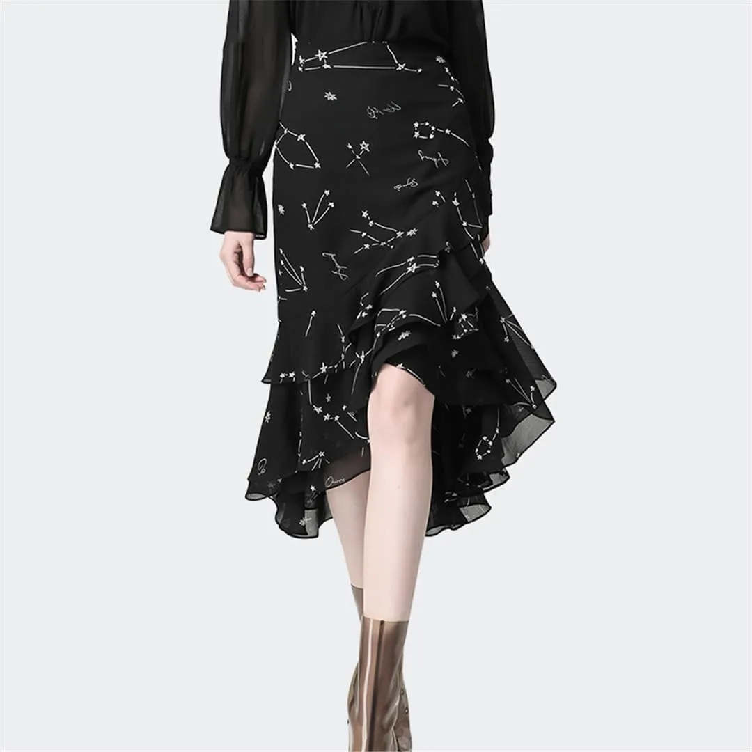 Women Office Printed Black Tulle Skirt Irregular High Waist Midi Mermaid Wrap Skirts
