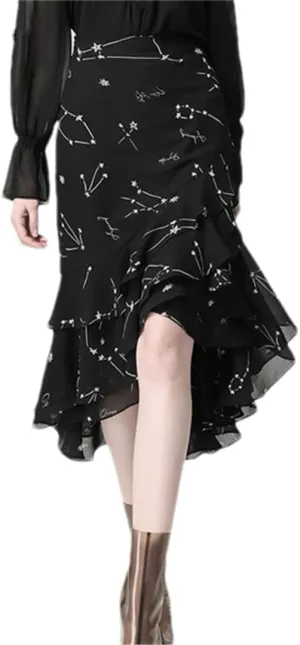 Women Office Printed Black Tulle Skirt Irregular High Waist Midi Mermaid Wrap Skirts