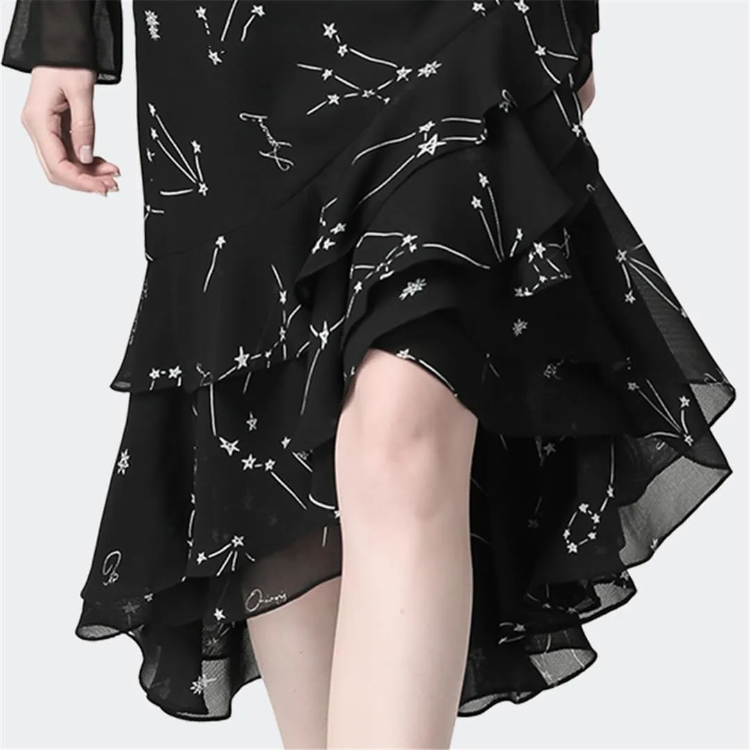 Women Office Printed Black Tulle Skirt Irregular High Waist Midi Mermaid Wrap Skirts