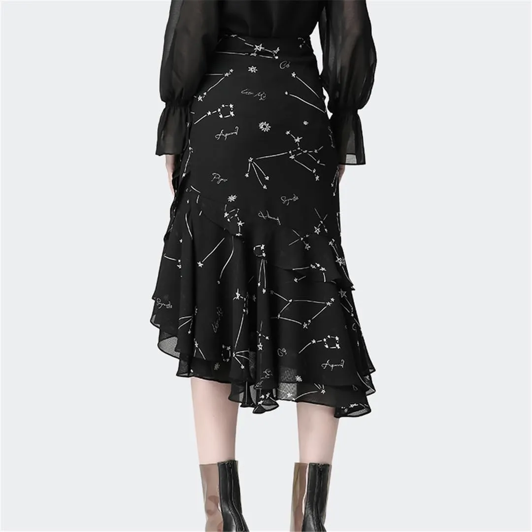 Women Office Printed Black Tulle Skirt Irregular High Waist Midi Mermaid Wrap Skirts