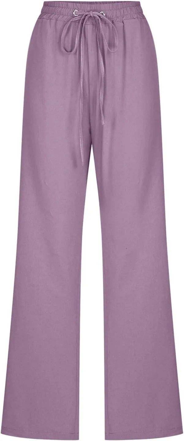 Women Pants Casual Work Wide Leg Linen Pants High Waist Drawstring Summer Trouser with Pocket Beach Palazzo Pants