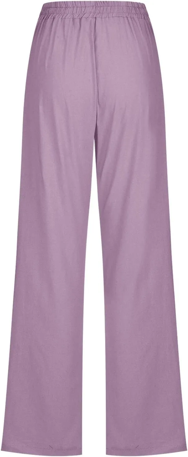Women Pants Casual Work Wide Leg Linen Pants High Waist Drawstring Summer Trouser with Pocket Beach Palazzo Pants