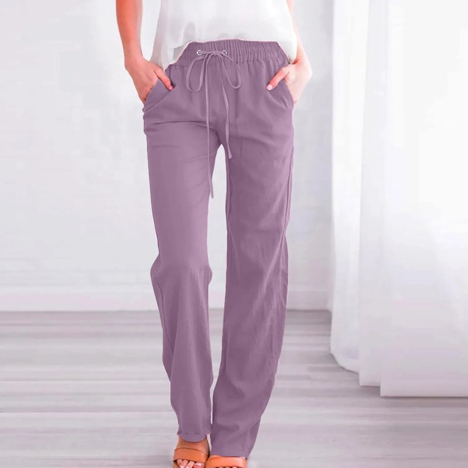 Women Pants Casual Work Wide Leg Linen Pants High Waist Drawstring Summer Trouser with Pocket Beach Palazzo Pants