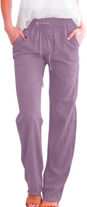Women Pants Casual Work Wide Leg Linen Pants High Waist Drawstring Summer Trouser with Pocket Beach Palazzo Pants