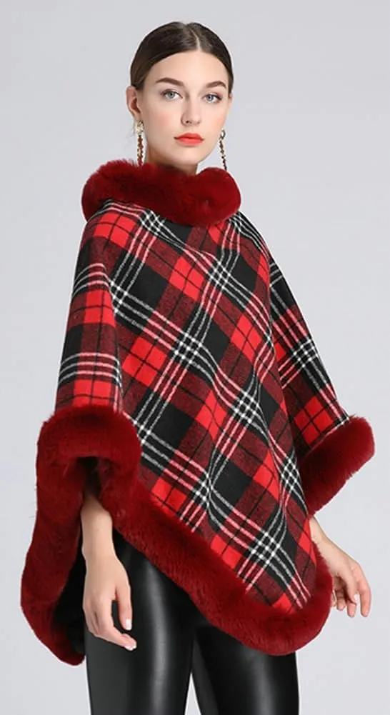 Women Poncho Cloak Plaid Pullover Cape Thick Faux Fur Shawl Wrap Knitted Batwing Sleeve Winter Woolen Sweater