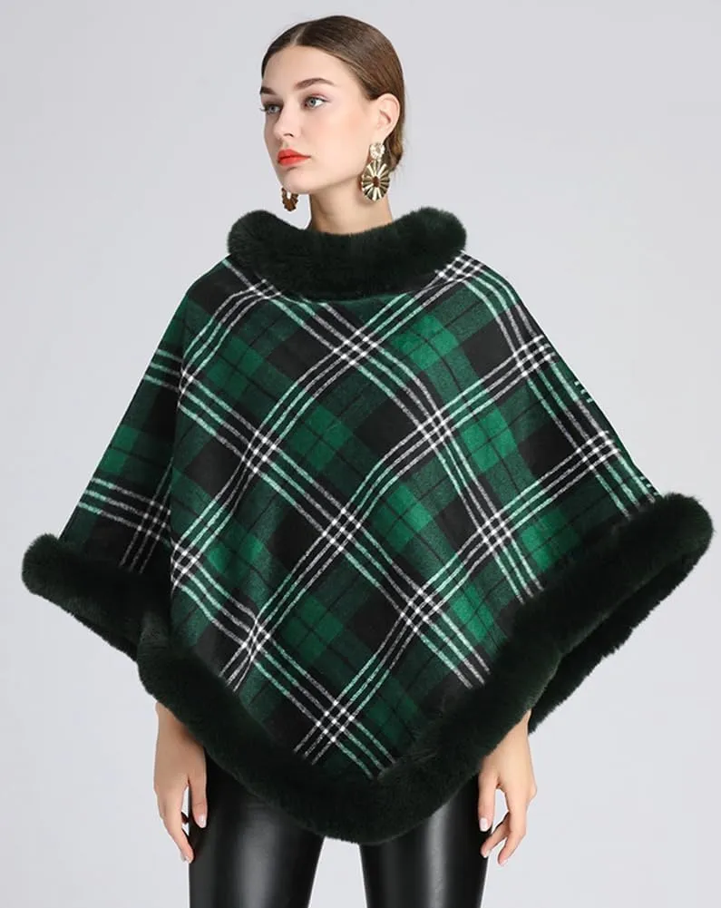 Women Poncho Cloak Plaid Pullover Cape Thick Faux Fur Shawl Wrap Knitted Batwing Sleeve Winter Woolen Sweater