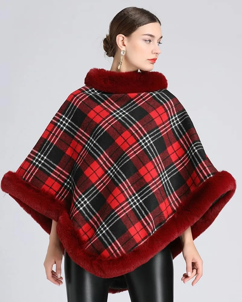 Women Poncho Cloak Plaid Pullover Cape Thick Faux Fur Shawl Wrap Knitted Batwing Sleeve Winter Woolen Sweater
