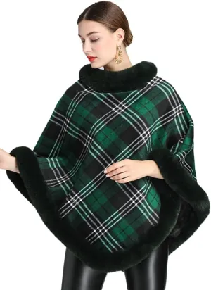 Women Poncho Cloak Plaid Pullover Cape Thick Faux Fur Shawl Wrap Knitted Batwing Sleeve Winter Woolen Sweater