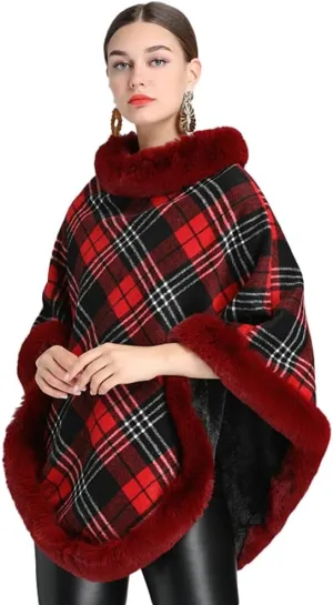 Women Poncho Cloak Plaid Pullover Cape Thick Faux Fur Shawl Wrap Knitted Batwing Sleeve Winter Woolen Sweater