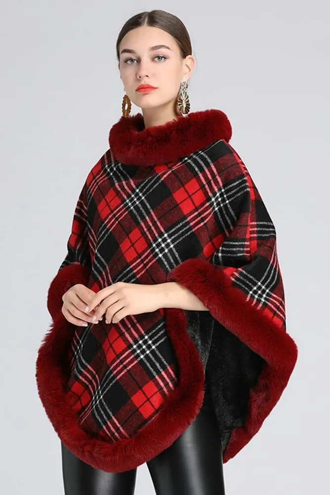 Women Poncho Cloak Plaid Pullover Cape Thick Faux Fur Shawl Wrap Knitted Batwing Sleeve Winter Woolen Sweater