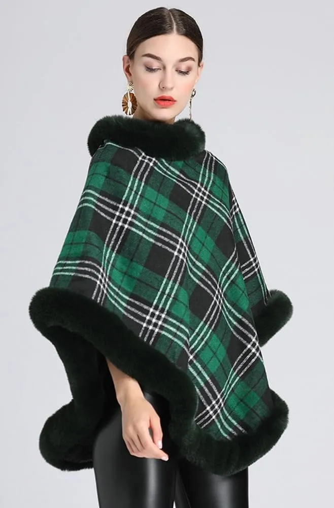 Women Poncho Cloak Plaid Pullover Cape Thick Faux Fur Shawl Wrap Knitted Batwing Sleeve Winter Woolen Sweater