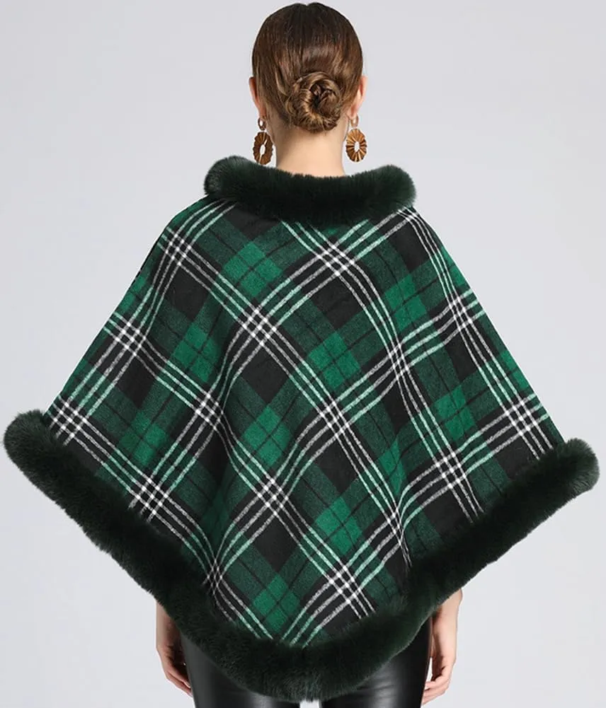 Women Poncho Cloak Plaid Pullover Cape Thick Faux Fur Shawl Wrap Knitted Batwing Sleeve Winter Woolen Sweater