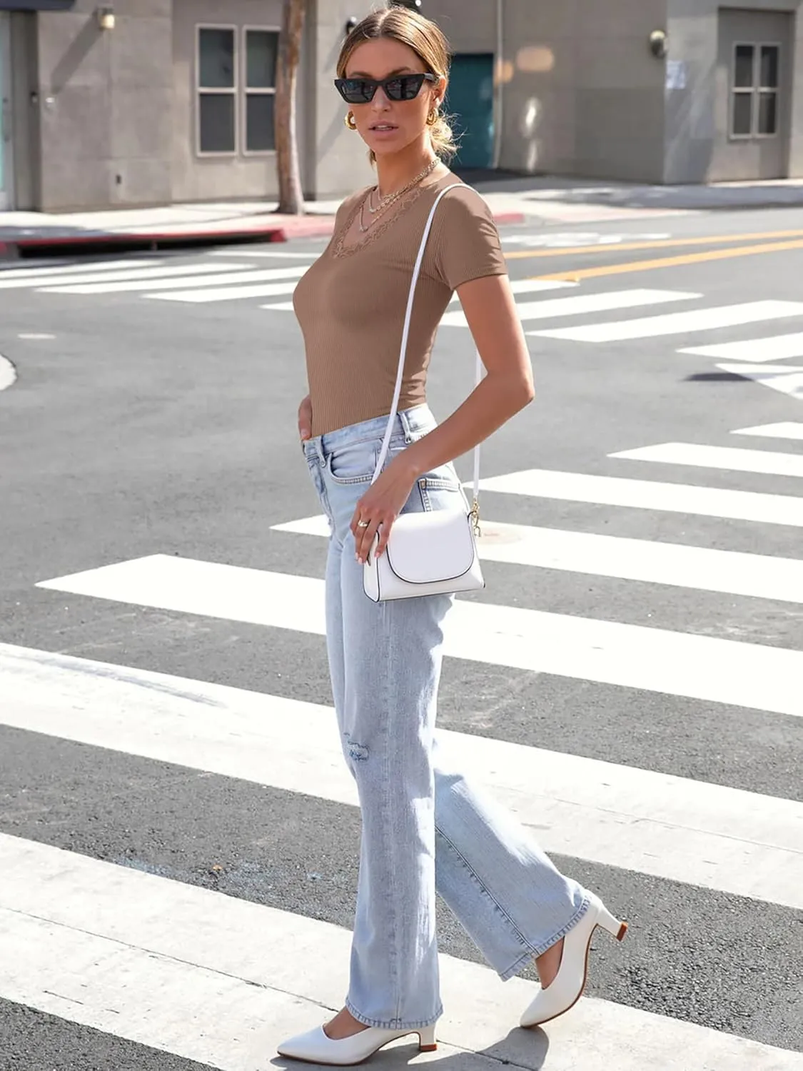 Women Short Sleeve Lace V Neck Shirts Ribbed Knit Fitted Basic Tee Tops Business Dressy Casual Summer Blouses T-Shirt